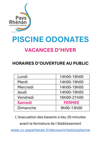 Horaire piscine vacances d'hiver 